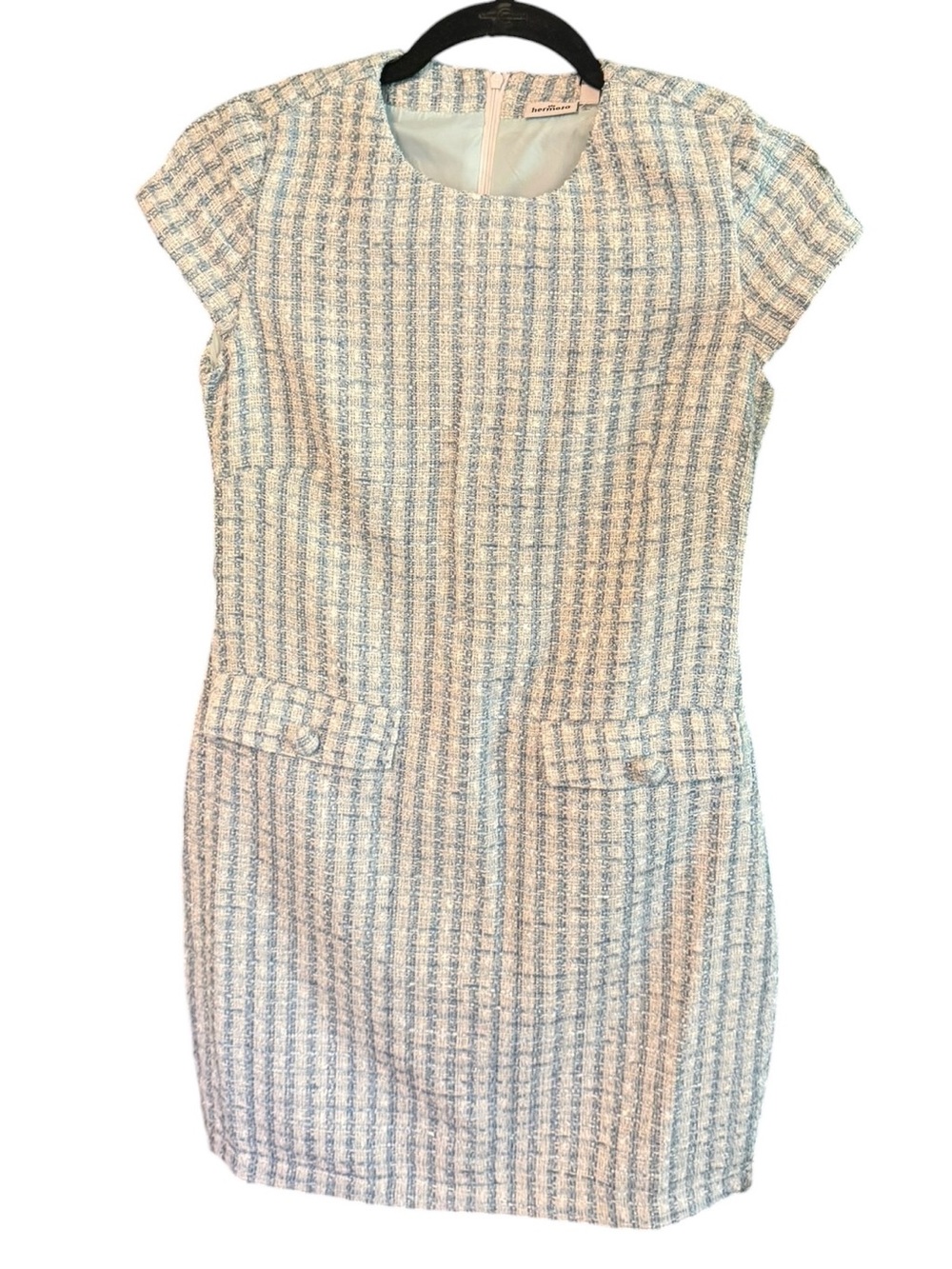 Hermoza Light Blue & Cream Tweed Sheath Dress